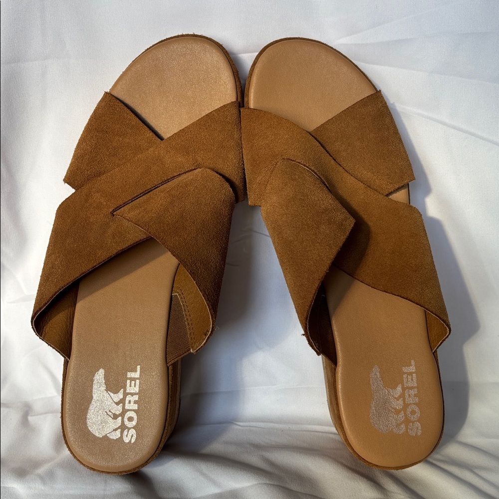 Sorel Cameron Brown Suede Leather Platform Sandals Women's 10.5